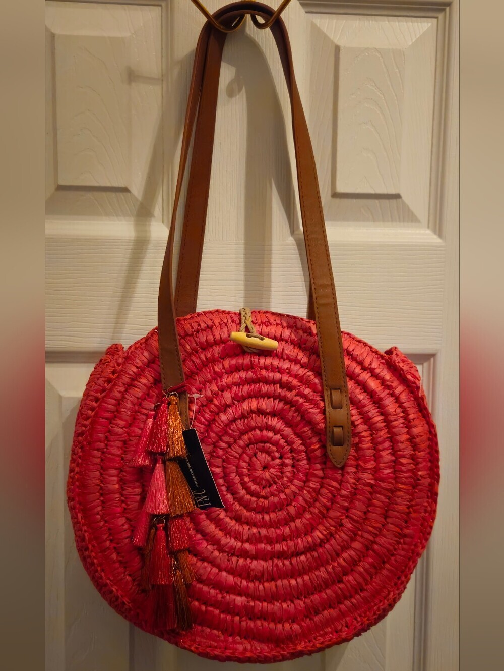 INC International Concepts Vibrant Orange Round Straw Tote w/Tassel & Tan Straps
